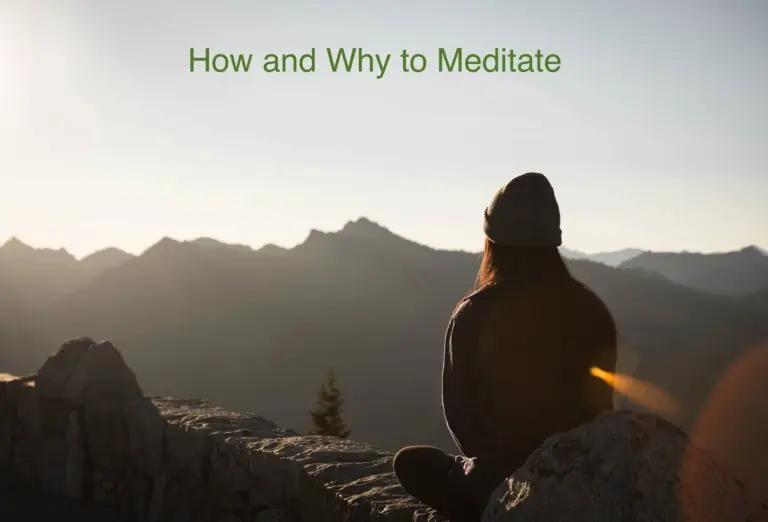 A person sitting on a wall overlooking a mountain range with the words How and Why to Meditate above them
