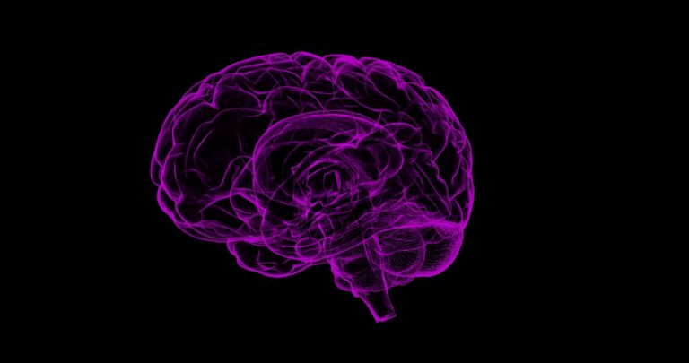 Neon purple brain illustration representing mental health and healing.