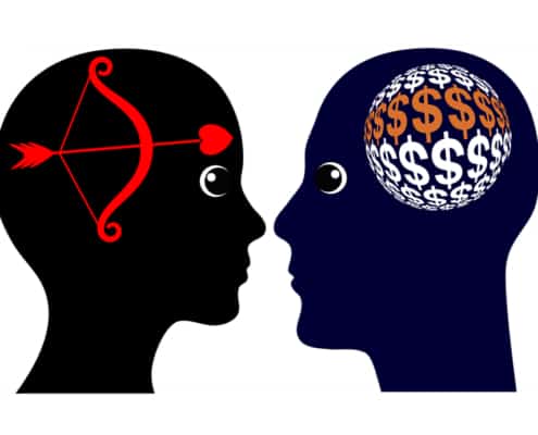Image of 2 heads, one with dollar signs, the other with a heart.