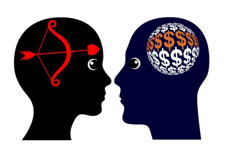 Image of 2 heads, one with dollar signs, the other with a heart.
