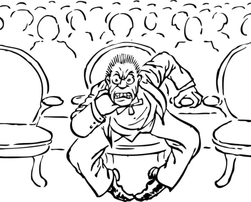 Cartoon of an enraged man sitting in the front row of a theater