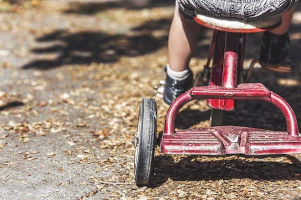 Picture from behind showing a young child riding a red tricycle on a leaf covered roadl