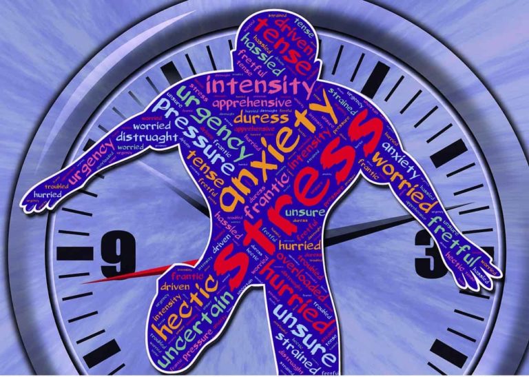 A clock with an overlay of a silhouette of a running person with anxiety-related words written on the silhouette