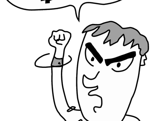 Cartoon of angry man shaking his fist and speaking angry words shown as symbols in a speech bubble