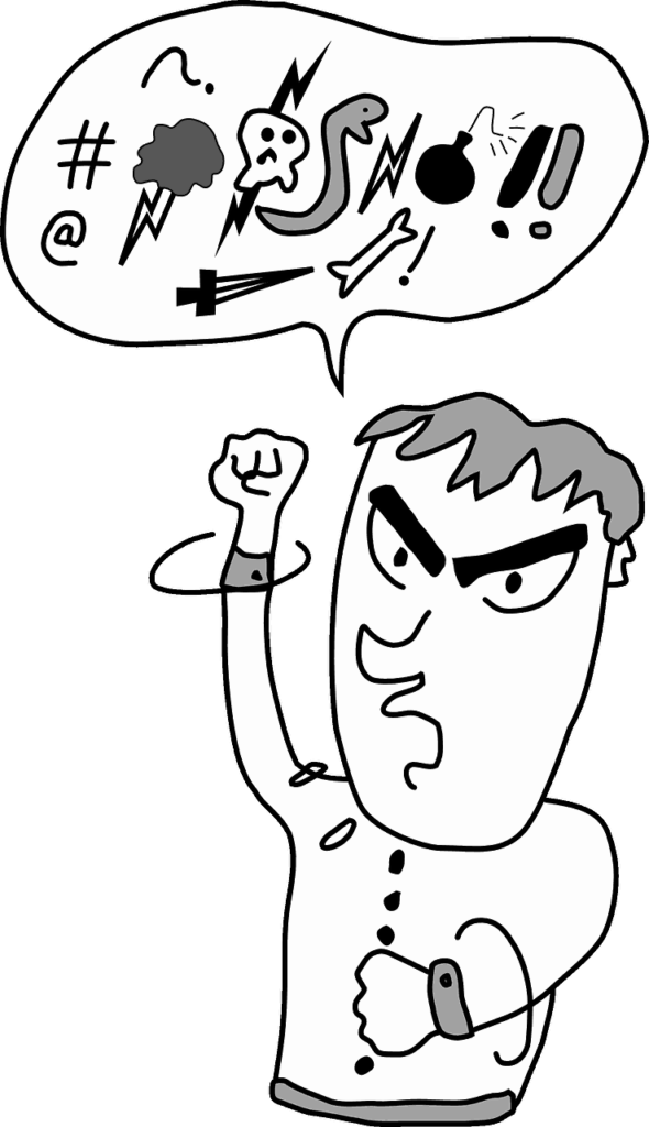 Cartoon of angry man shaking his fist and speaking angry words shown as symbols in a speech bubble