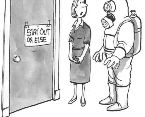 A cartoon of a person in a hazmat suit going into a toxic person's office with a lady coworker saying, "You clearly know about his toxic personality."