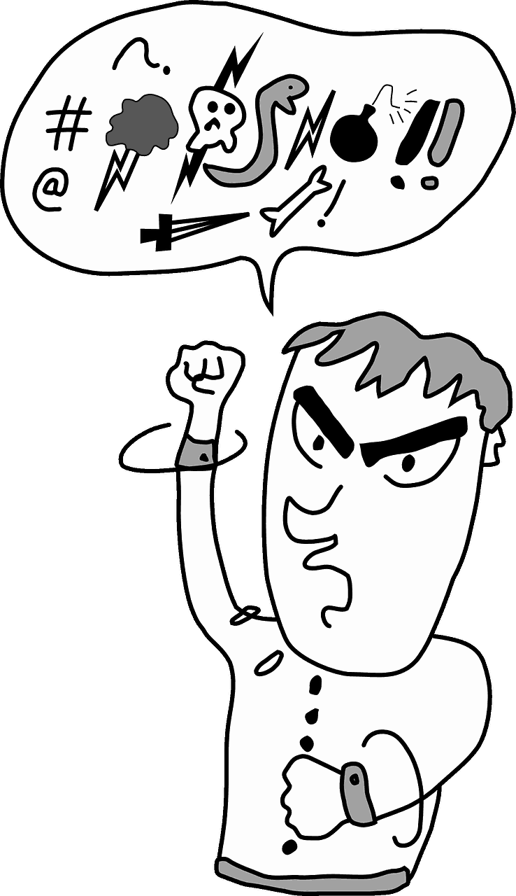 Cartoon of angry man shaking his fist and speaking angry words shown as symbols in a speech bubble
